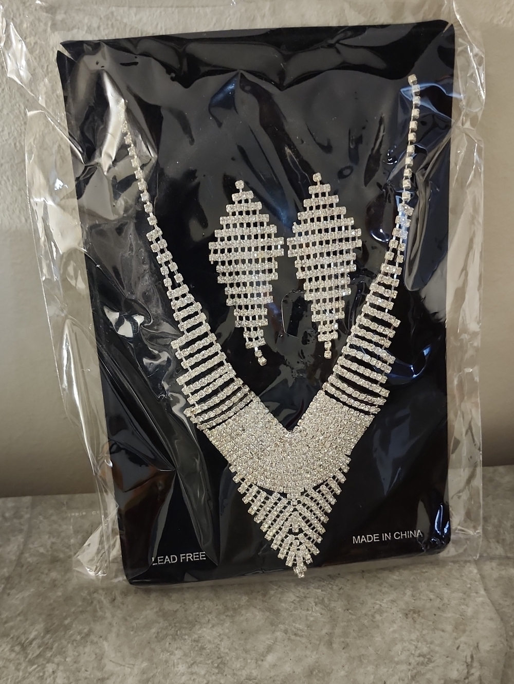 Silver Crystal V-Shape Necklace & Earrings Set